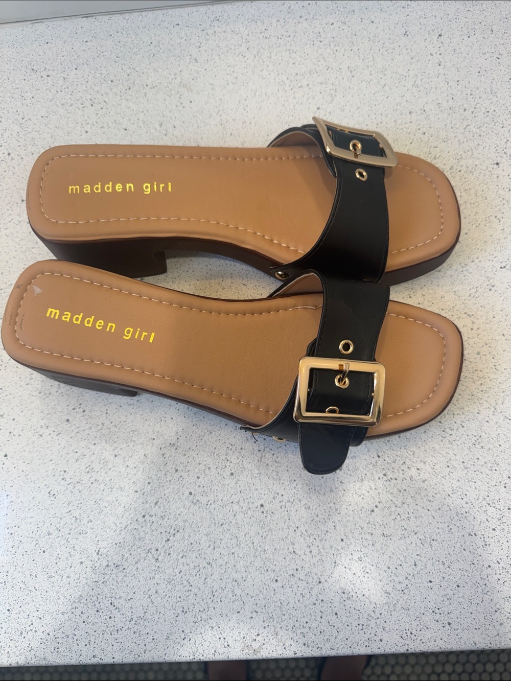 NWOT Madden Girl Black Slide Sandals with Gold Buckle